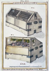 Wooden boxes to transport rare plants on ships by Delahaye, from Florindie ou Historie physico-economique des Vegetaux de la Torride by Delahaye Delahaye