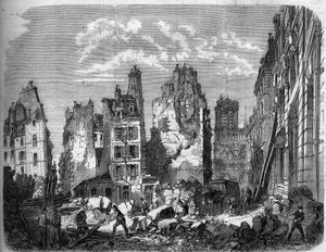 Transformations of Paris under the Second Empire, Haussmann Paris. Destruction of part of the Ile de la Cité for the expansion of the Hotel Dieu, engraving after a by Delannoy Delannoy