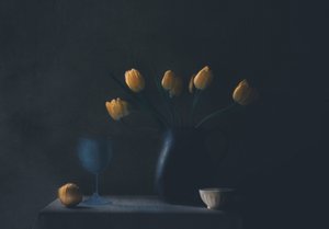 Moody Yellow Tulips Still Life by Delphine Devos