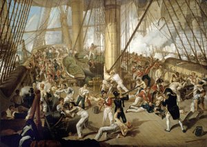 The fall of Horatio Nelson (1758-1805), at the Battle of Trafalgar, October 21
