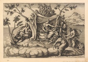 Latona Giving Birth to Apollo and Diana on the Island of Delos by Diana Scultori after Giulio Romano