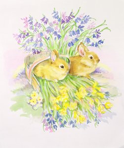 Rabbits in a Basket with Daffodils and Bluebells by Diane Matthes