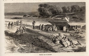 A wooden raft on the Danube for the transport of goods and people. Engraving in Le tour du monde, edited by Edouard Charton