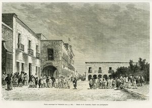 Municipal Palace of Valladolid. Engraving to illustrate the story Ma last expedition au Yucatan, by Desire Charnay, in le tour du monde 1887, directed by Edouard Charton, Hachette, Paris.
