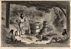 The manufacture of rakiou, cereal alcohol, sort of schnapps very common in Romania. Engraving to illustrate the voyage from Paris to Bucharest, by Lancelot, draftsman, in 1860, published in Le tour du monde, nouveau journal des voyages, under the direction