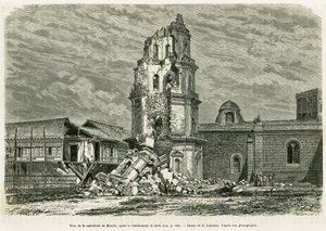 Tower of the Cathedral of Manila, After the Earthquake on July 18, 1880. Engraving by Lancelot to Illustrate the Story 