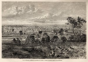 View of Melbourne (Australia), drawing by Lancelot, to illustrate the memories of a French squatter in Australia, in 1854-1859, by M. de Castella. Engraving in 
