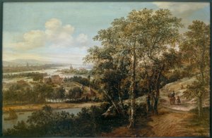 Wide River Landscape with a Rider and Other Figures in the Foreground