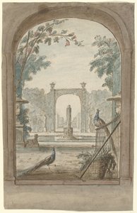 Design for a Room Painting with View through a Fence to a Garden, Peacocks, and Garden Tools by Dionys van Nijmegen (possibly)