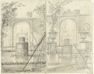 Two Designs for a Garden View with Fountain and Garden Tools in the Foreground by Dionys van Nijmegen (possibly)
