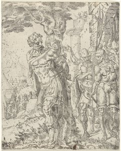 Achior Tied to a Tree by Dirck Volckertsz. Coornhert (attributed to)