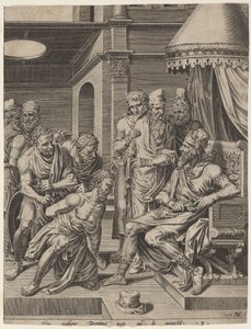 The Unmerciful Servant Brought before the King by Dirck Volckertz Coornhert, after Maerten van Heemskerck