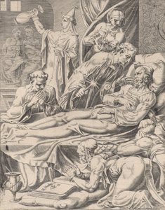 The Rich Man on His Deathbed, from The Parable of Lazarus and the Rich Man, plate 2, 1551 by Dirck Volkertsen Coornhert