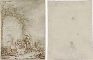Frontispiece for an Album of Drawings: Peasants at a Fountain (recto) Sketch of Peasants at a Fountain (verso) by Dirk Langendijk