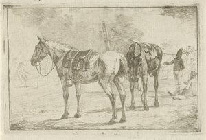 Two Saddled Horses by a Military Camp by Dirk Langendijk