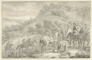 Mountain Landscape with a Dismounted Rider and Other Hunters on Horseback