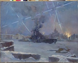 Heavy Artillery on the Neva in Leningrad (Saint Petersburg, Russia) in 1942. (A Battleship on the Frozen River Defends the Burning City Against Air Attacks During the Siege of Leningrad). Episode of the Second World War (1939-1945) by Dmitri Nikiforovich Martynov