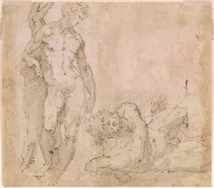 Verso Male Nude Leaning Against a Tree Trunk and a Reclining Male Nude with Head Thrown Back, ca. 1530-1540 by Domenico Beccafumi