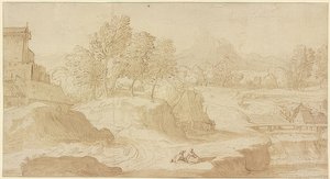 Figurative Landscape, Right a River with a Bridge near Mills, Two Seated Figures in the Foreground by Domenico Campagnola