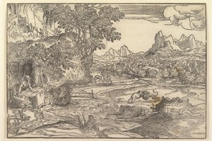 Landscape with Saint Jerome at left looking towards lion and bear fighting at center, ca. 1530-35
