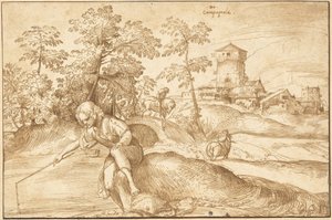 Landscape with a Boy Fishing by Domenico Campagnola