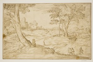 Landscape with Pilgrims Approaching a Church by Domenico Campagnola