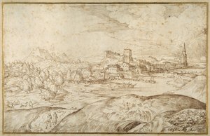 Mountainous Landscape with a River, and a Fortified Town with a Spired Tower by Domenico Campagnola