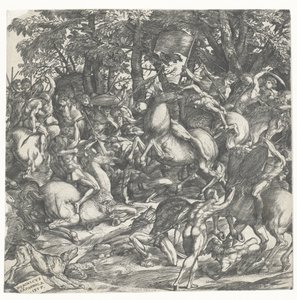 Naked Men with Spears on Horses in Battle by Domenico Campagnola