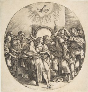The Holy Spirit as a bird descending with spread wings at top center, the twelve Apostles, 1518