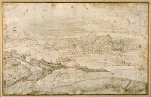 Wooded landscape with a winding river; in the distance a city, a mixture of spires and domes with antique ruins by Domenico Campagnola
