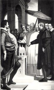 Michelangelo (1475-1564) presenting a model of the dome of St. Peters to Pope Paul IV (1476-1559) by Domenico Cresti