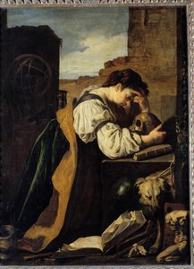Melancholia. A sad young woman bends over a skull