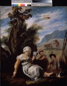 Adam and Eve, Adam Working in the Fields and Evening with Their Two Children Abel and Cain by Domenico Fetti or Feti