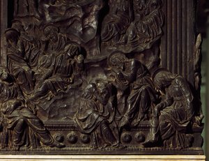 Worship in Garden, (detail) from left pulpit, by Donatello, Basilica of St Lawrence, Florence, Italy