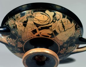 Ajax, urged on by Athena, attacks Hector to whose aid Artemis rushes, (detail) by Douris