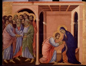 Mary Takes Leave of John, on the Outside, the Apostles Peter and Paul Shake Hands (detail) by Duccio di Buoninsegna