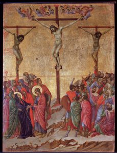 The Crucifixion. On the sides, the good thief (Dismas) and the impenitent thief (Gestas) by Duccio di Buoninsegna