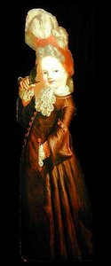 Dummy board figure of a girl holding a parakeet by Dutch School
