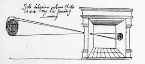 First published illustration of a camera obscura observing a solar eclipse in January 1544 by Dutch School