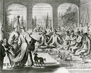 Jesuits with Dutch and Portuguese merchants at the Japanese court (engraving) by Dutch School