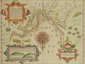 Map of the Magellan Straits, Patagonia, from the Mercator Atlas pub. by Jodocus Hondius Amsterdam, 1606