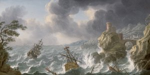 Shipwreck in a storm off a rocky coast