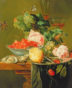 Still Life of Roses, Oysters, Strawberries in a Porcelain Bowl and Other Fruits on Pewter Ware