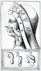 Throat movements used in the pronunciation of the Hebrew Alphabet, illustration from Alphabetum Natura (Alphabet of Nature) by F.M. van Helmont