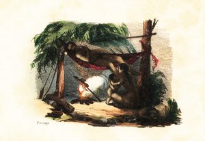 Nomadic Puri family relaxing in a hut made of leaves and branches, man lying in hammock, woman roasting meat on a fire