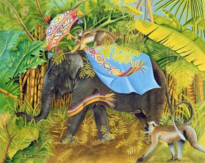 Elephant with Monkeys and Parasol