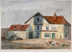 View of Little Bell Yard, Whitecross Street, with chickens in the foreground, London