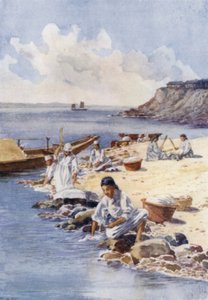 Korean women washing clothes in a river by E.H. Fitchew