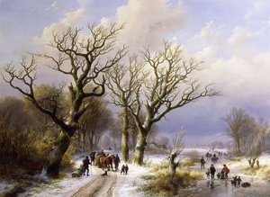 A Wooded Winter Landscape with Figures by E.J. Verboeckhoven