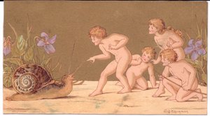 A Victorian greeting card of four naked fairies teasing a snail against a gold background, by Gertrude Thompson by E. Gertrude Thompson